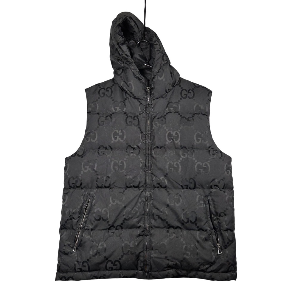 Gucci Puffer Vest Women XL Black Excellent Monogram Hooded Down Fill